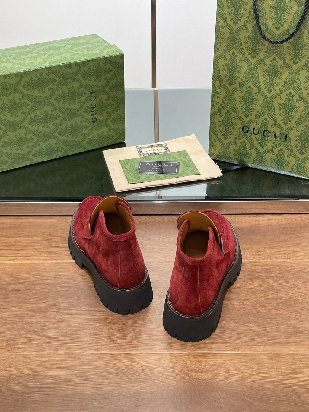 GG WOMEN'S HORSEBIT ANKLE BOOTS 4.5CM IN RED SUEDE