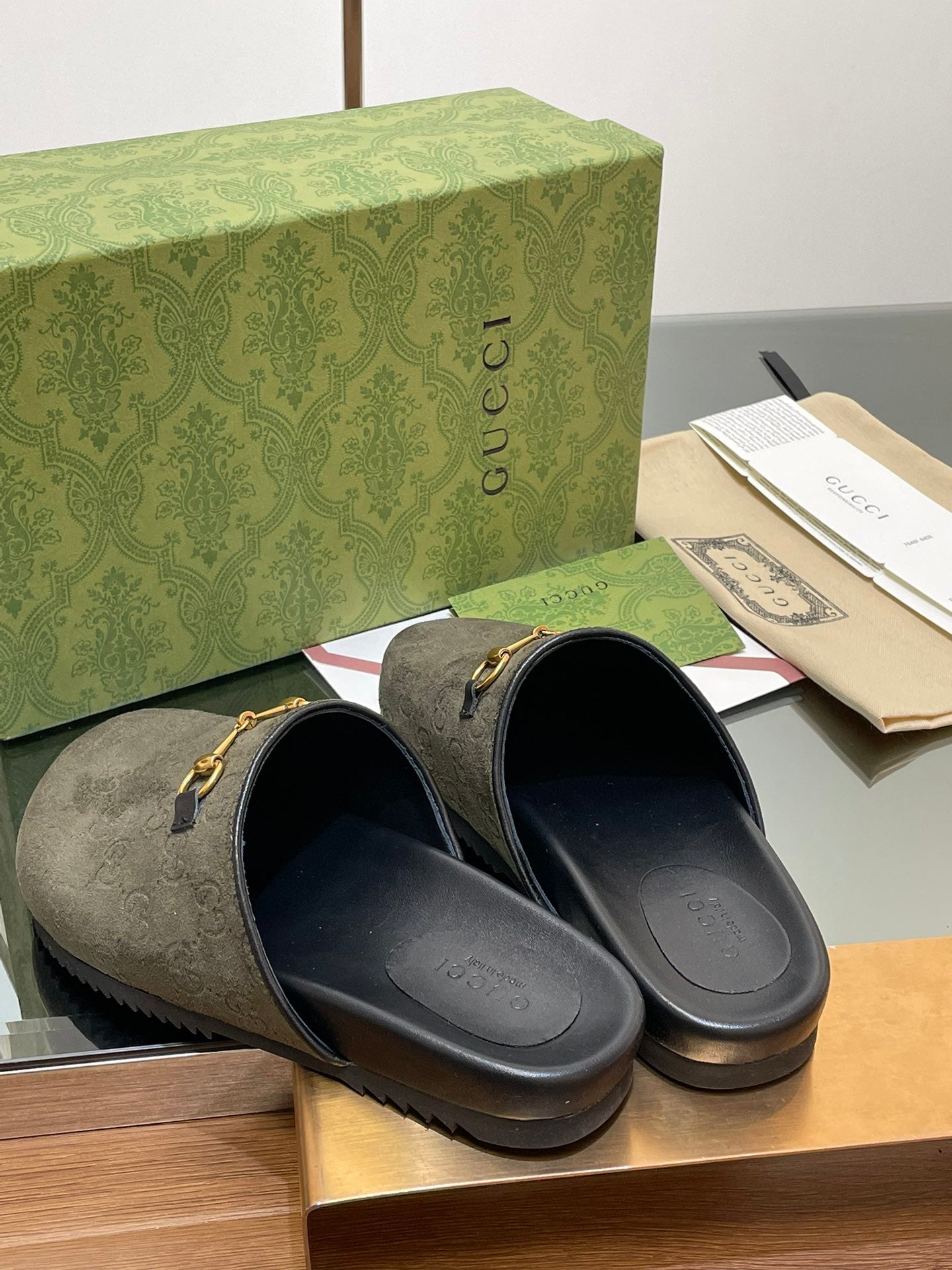 GG HORSEBIT MULE IN KHAKI GREEN EMBOSSED SUEDE AND SHEEPSKIN LINING