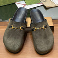 GG HORSEBIT MULE IN KHAKI GREEN EMBOSSED SUEDE AND SHEEPSKIN LINING