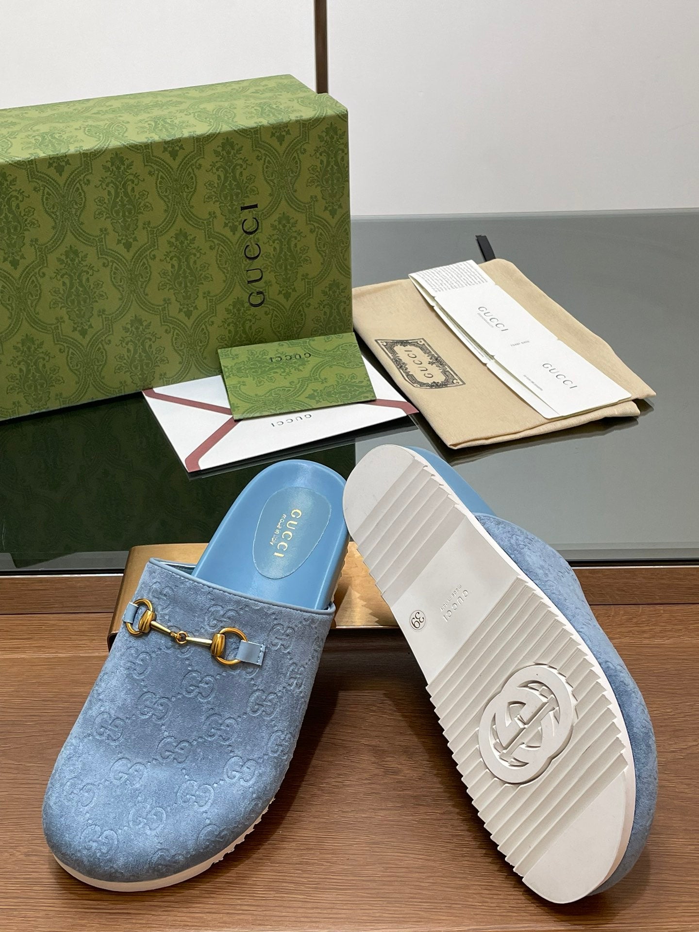 GG HORSEBIT MULE IN LIGHT BLUE EMBOSSED SUEDE AND SHEEPSKIN LINING