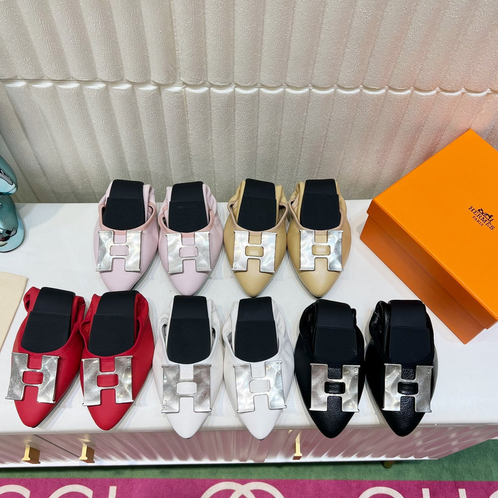 H-BUCKLE BALLLET FLAT BLACK CALFSKIN