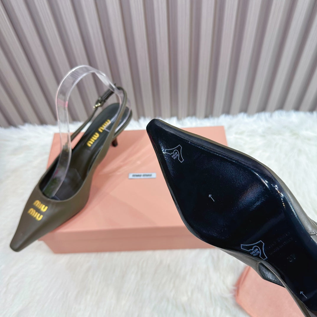 POINTED-TOE SLINGBACK IN ARMY GREEN LAMBSKIN