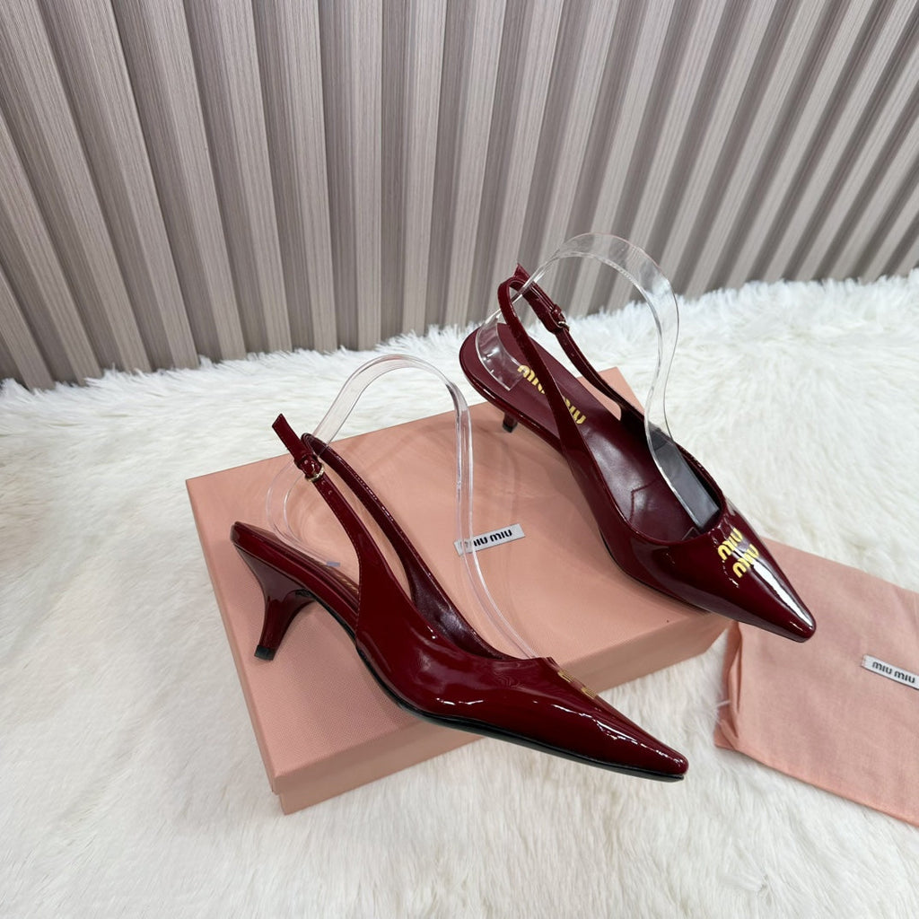 POINTED-TOE SLINGBACK IN WINE RED GLOSSY CALFSKIN