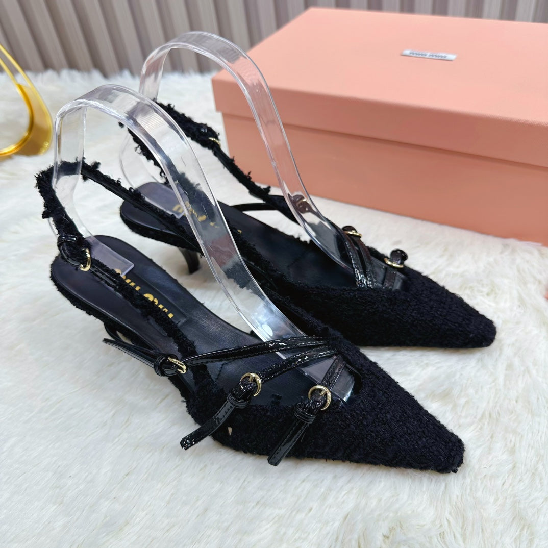 CROSS STRAP HIGH HEELED SLINGBACK IN BLACK TWEED