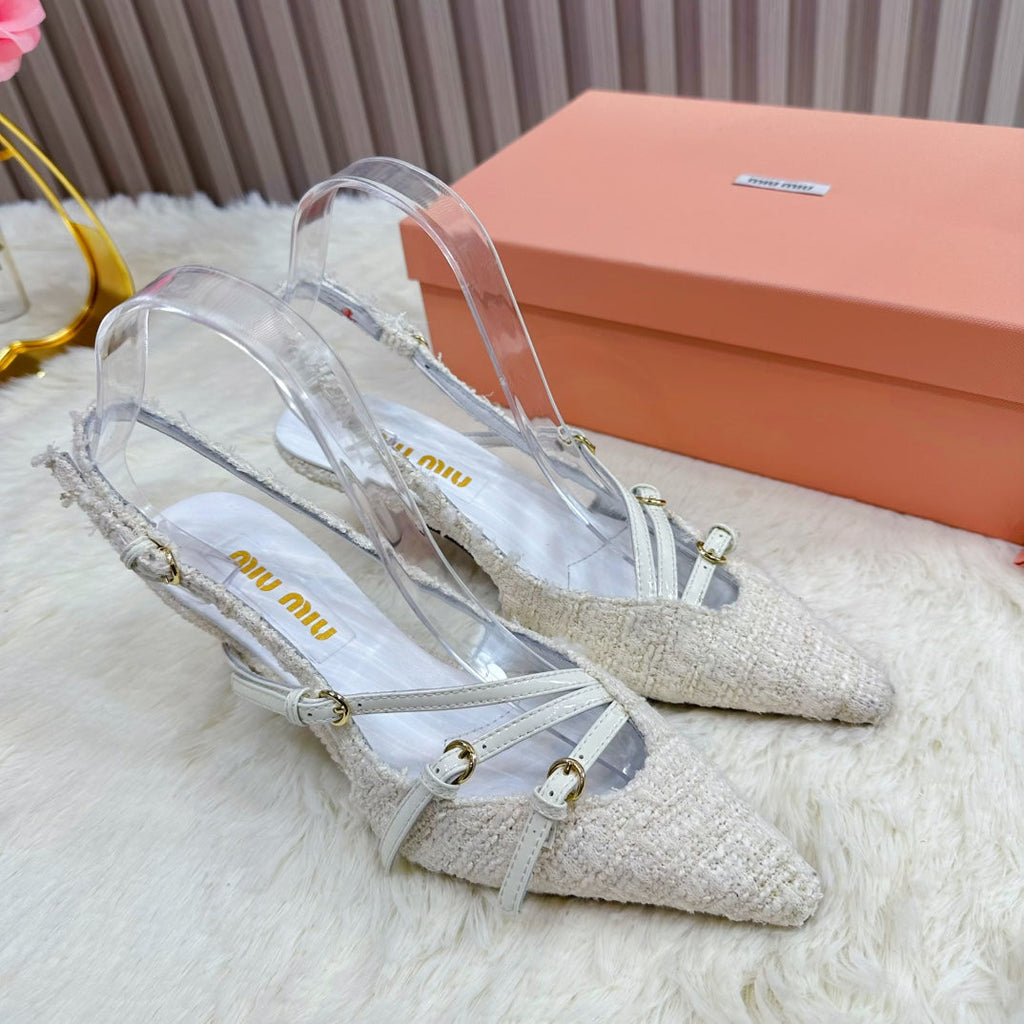 CROSS STRAP HIGH HEELED SLINGBACK IN BEIGE TWEED