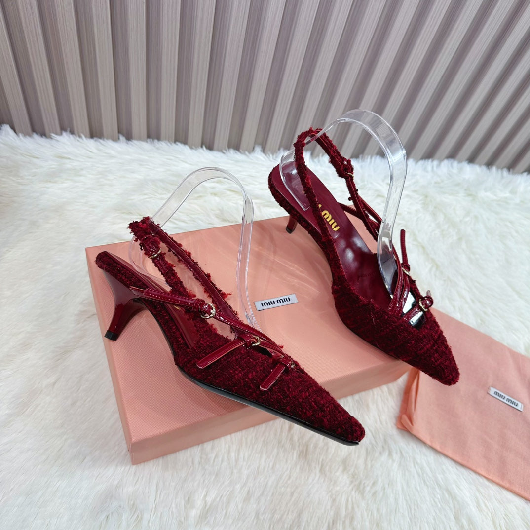 CROSS STRAP HIGH HEELED SLINGBACK IN CURRANT RED TWEED