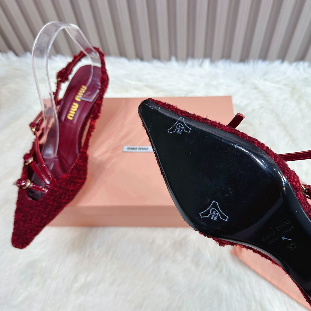 CROSS STRAP HIGH HEELED SLINGBACK IN CURRANT RED TWEED