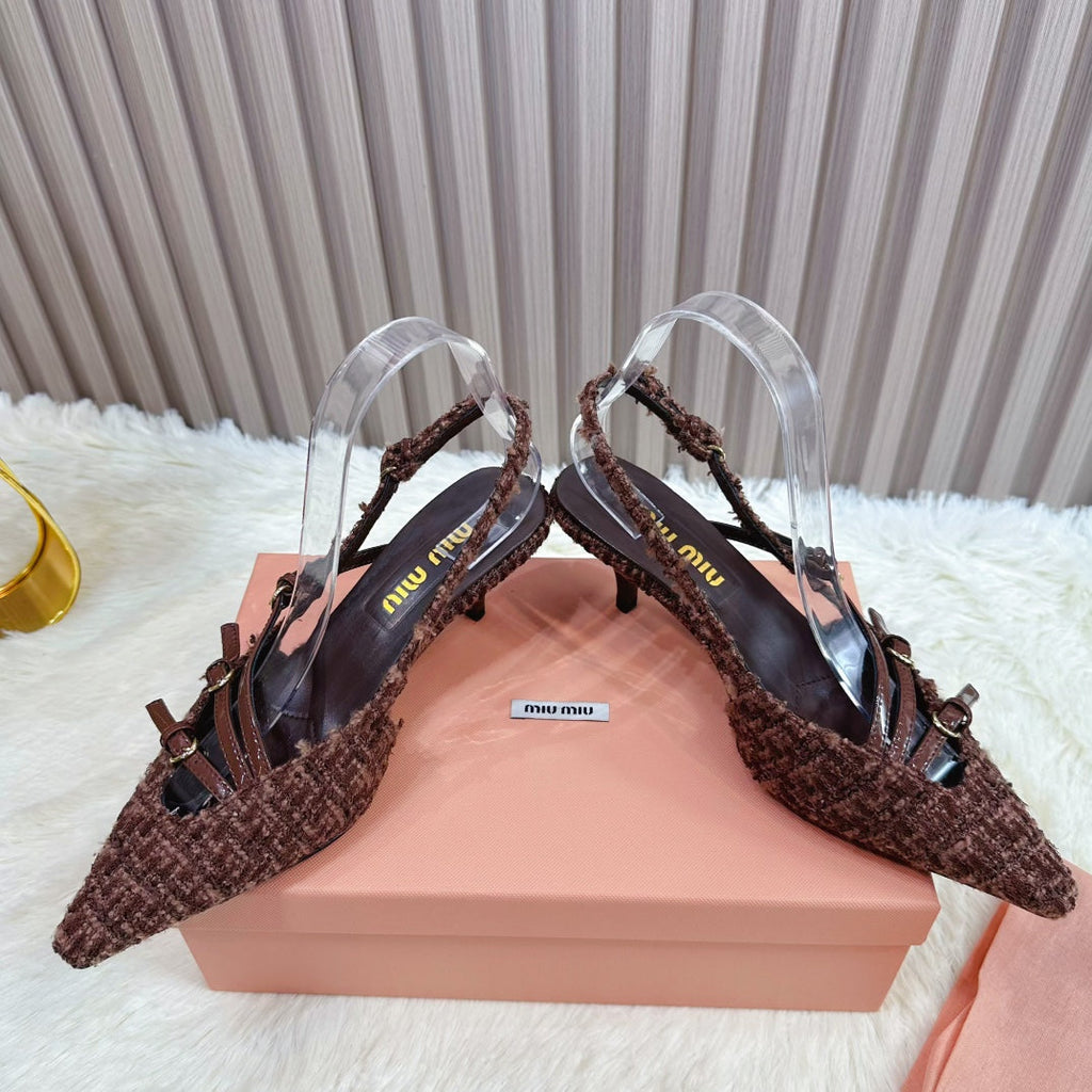 CROSS STRAP HIGH HEELED SLINGBACK IN CHOCOLATE TWEED
