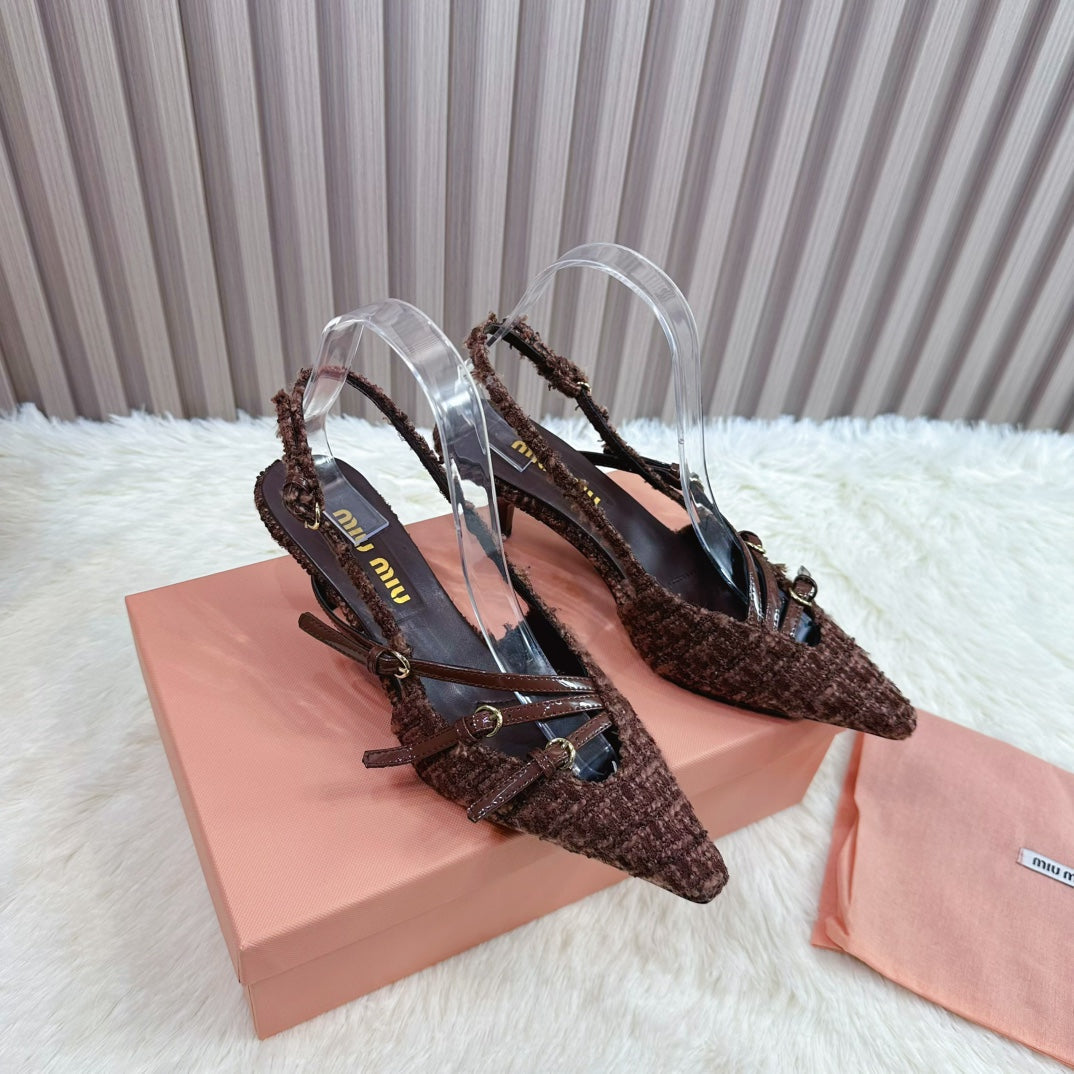 CROSS STRAP HIGH HEELED SLINGBACK IN CHOCOLATE TWEED