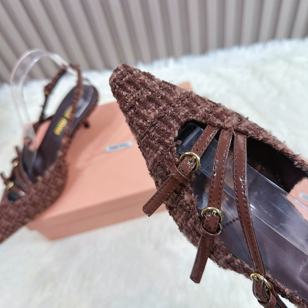 CROSS STRAP HIGH HEELED SLINGBACK IN CHOCOLATE TWEED