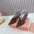 CROSS STRAP HIGH HEELED SLINGBACK IN CHOCOLATE TWEED