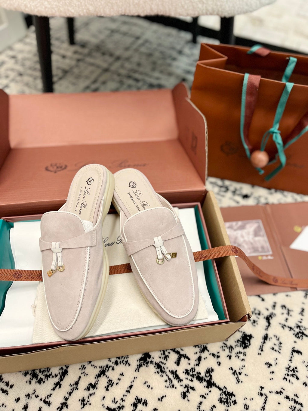 Loro Piana Light Grey White Suede Charms Walk Flat Mules