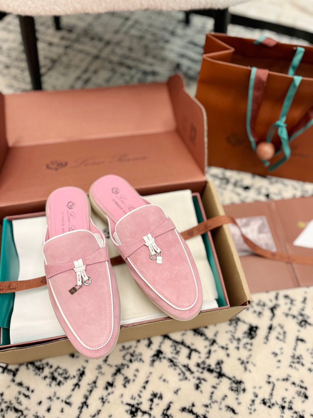 Loro Piana Pink Suede Charms Walk Flat Mules