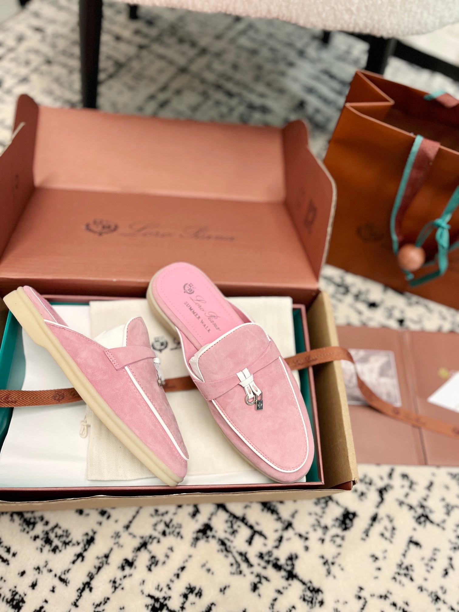 Loro Piana Pink Suede Charms Walk Flat Mules