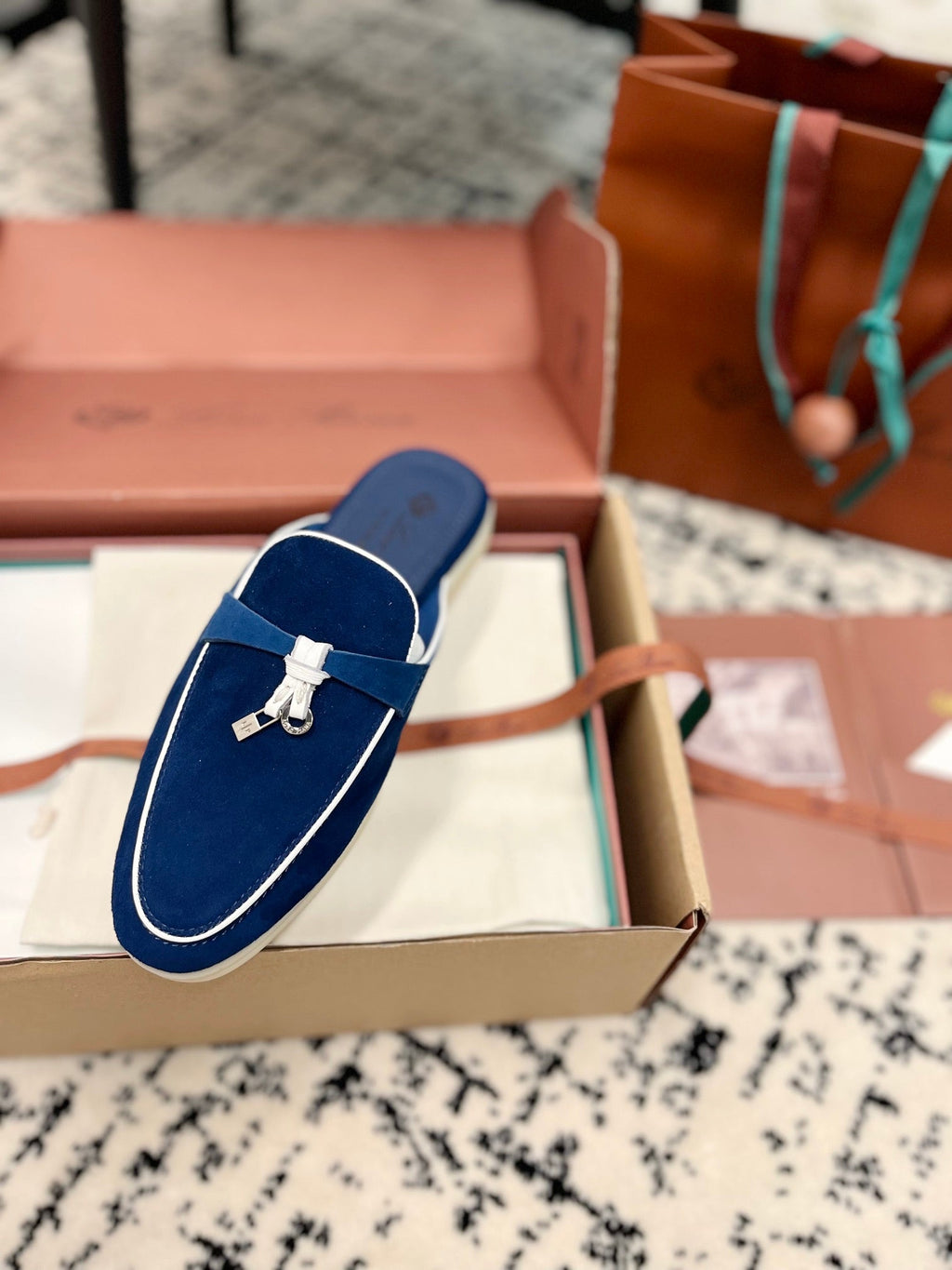 Loro Piana Dark Blue White Suede Charms Walk Flat Mules