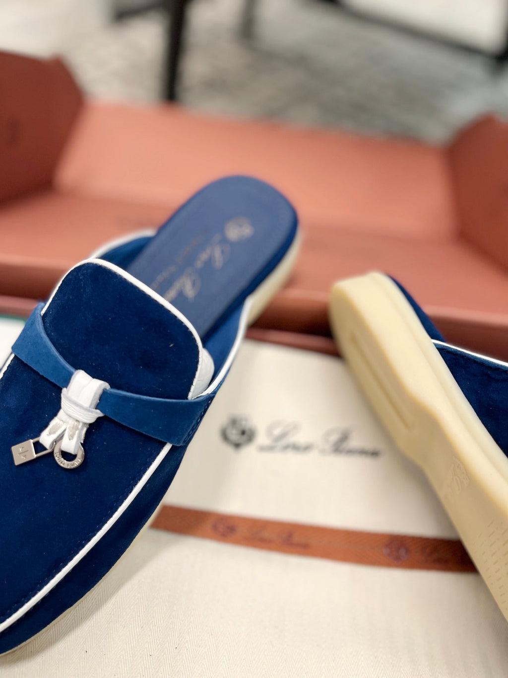 Loro Piana Dark Blue White Suede Charms Walk Flat Mules