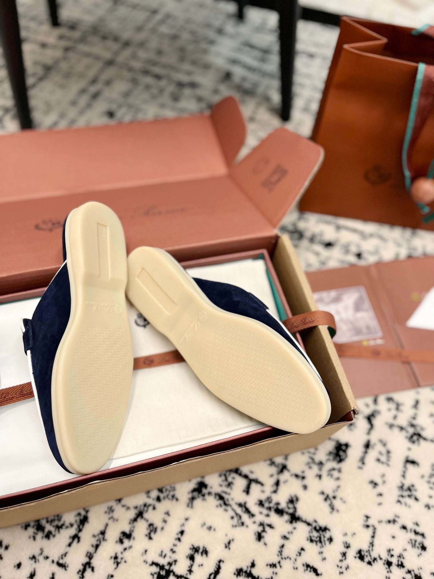 Loro Piana Navy White Suede Charms Walk Flat Mules
