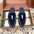 Loro Piana Navy White Suede Charms Walk Flat Mules