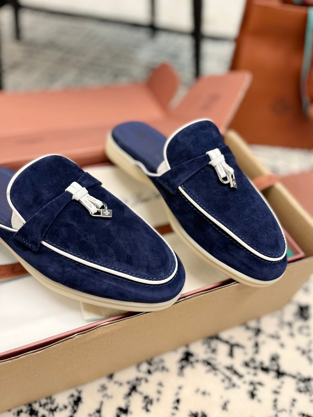 Loro Piana Navy White Suede Charms Walk Flat Mules