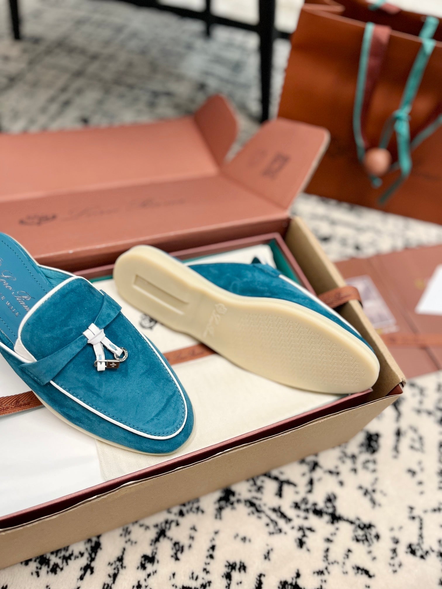 Loro Piana Ocean Blue White Suede Charms Walk Flat Mules