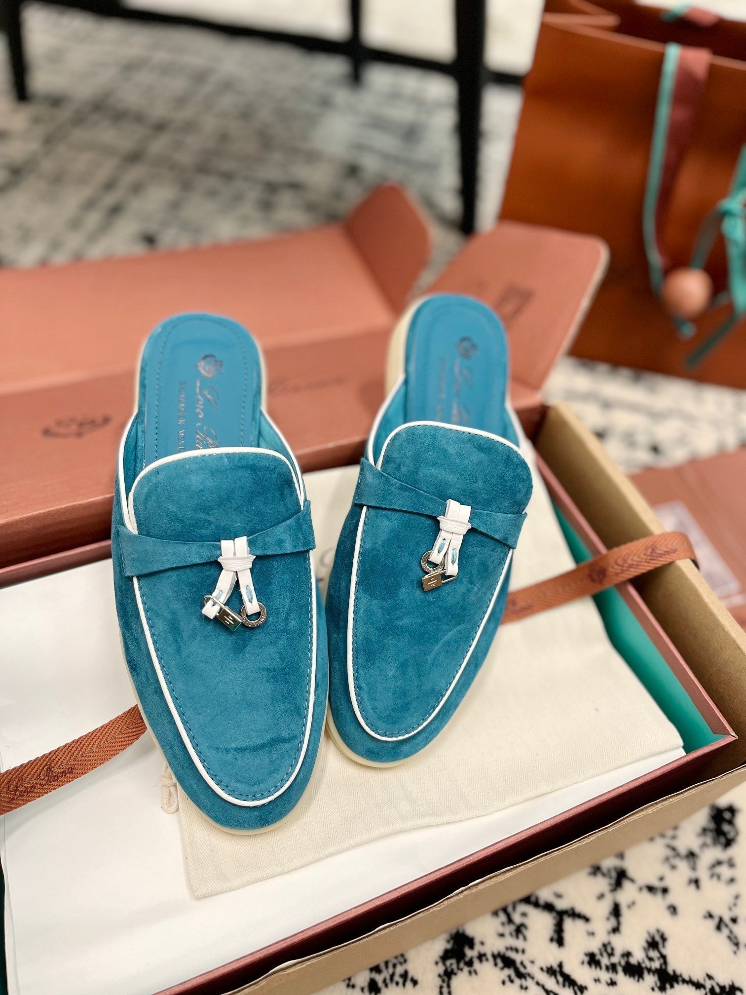 Loro Piana Ocean Blue White Suede Charms Walk Flat Mules