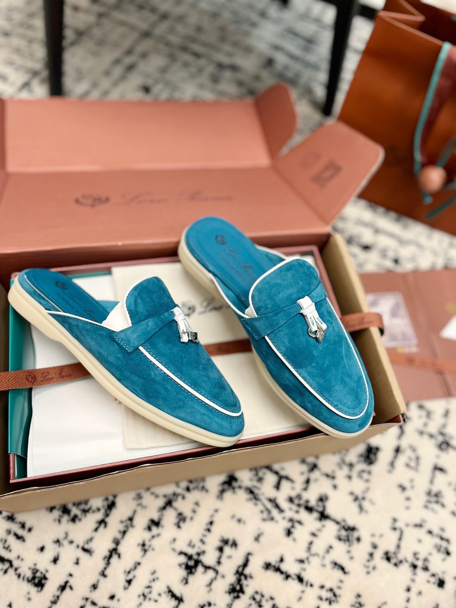 Loro Piana Ocean Blue White Suede Charms Walk Flat Mules