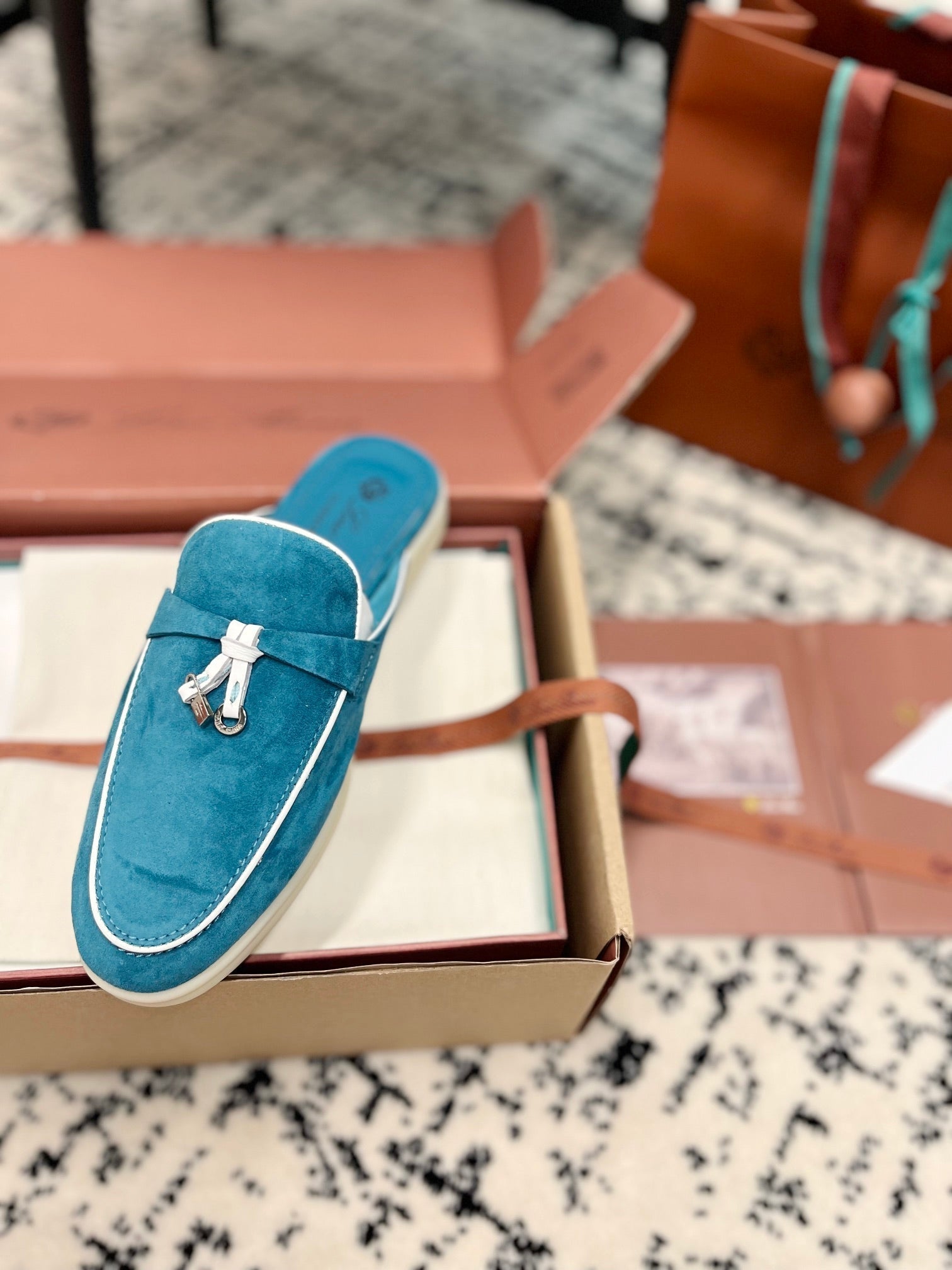 Loro Piana Ocean Blue White Suede Charms Walk Flat Mules