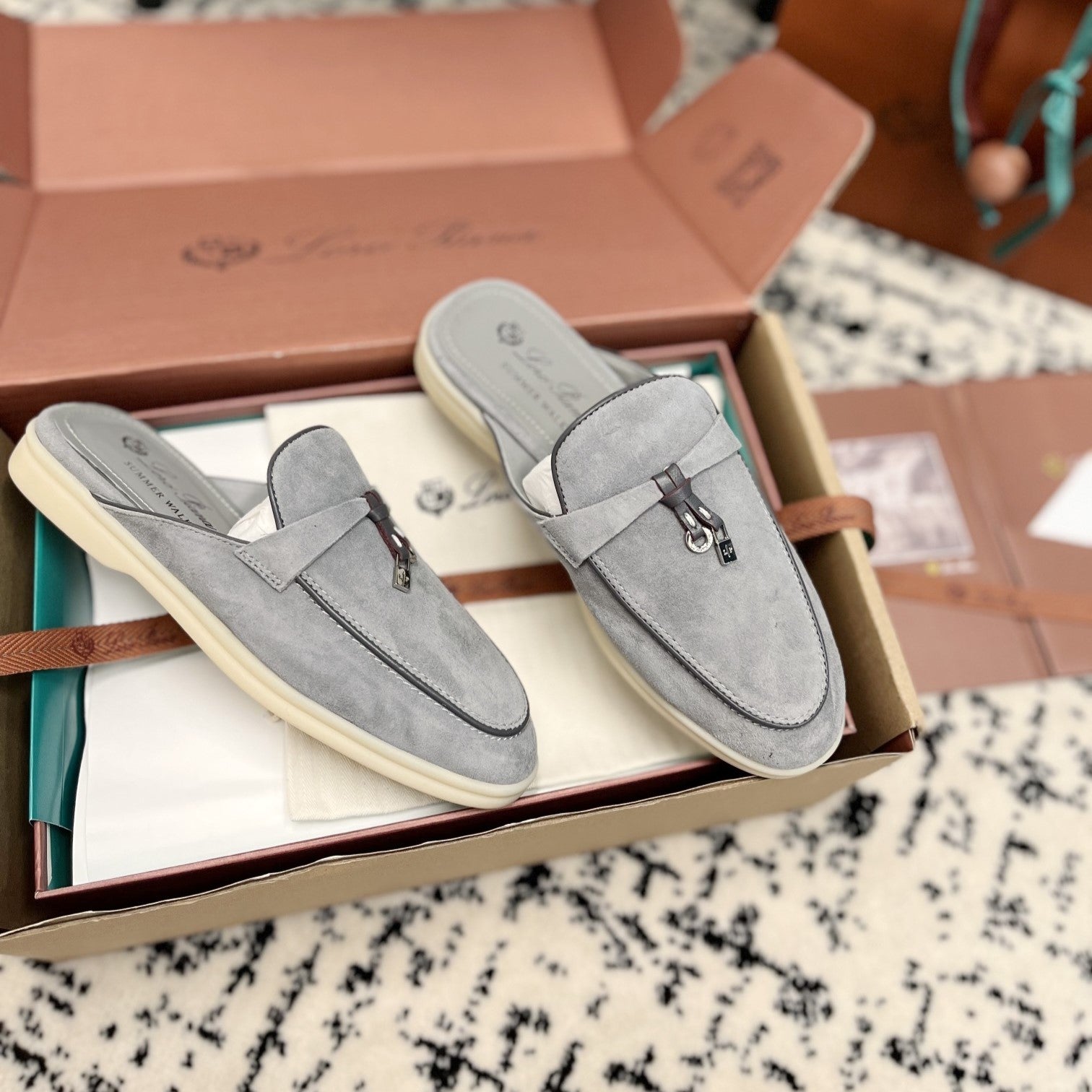 Loro Piana Grey Black Suede Charms Walk Flat Mules