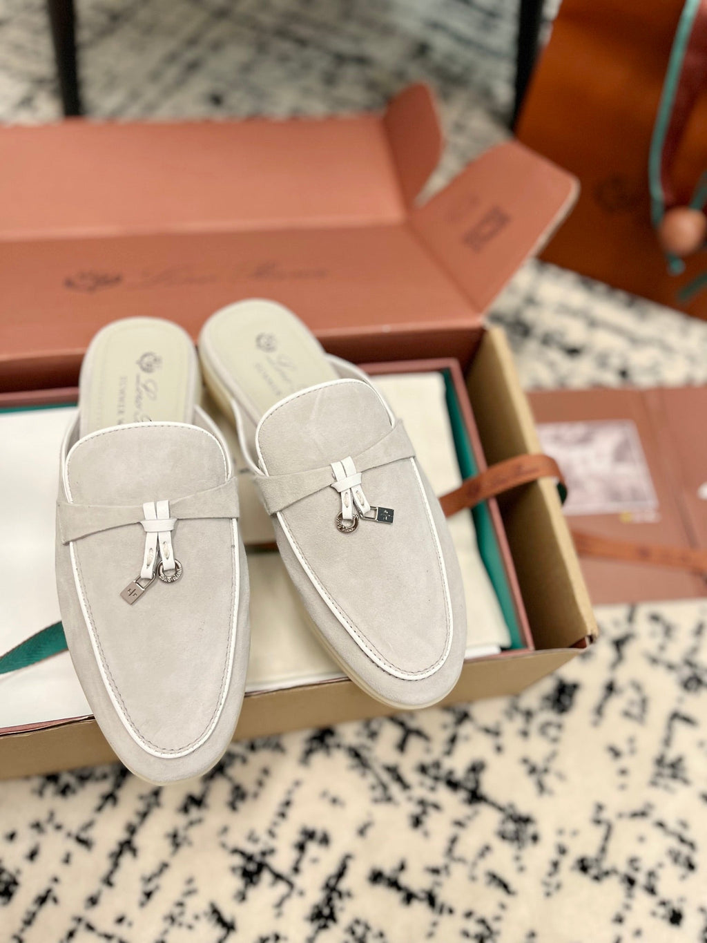 Loro Piana Grey White Suede Charms Walk Flat Mules