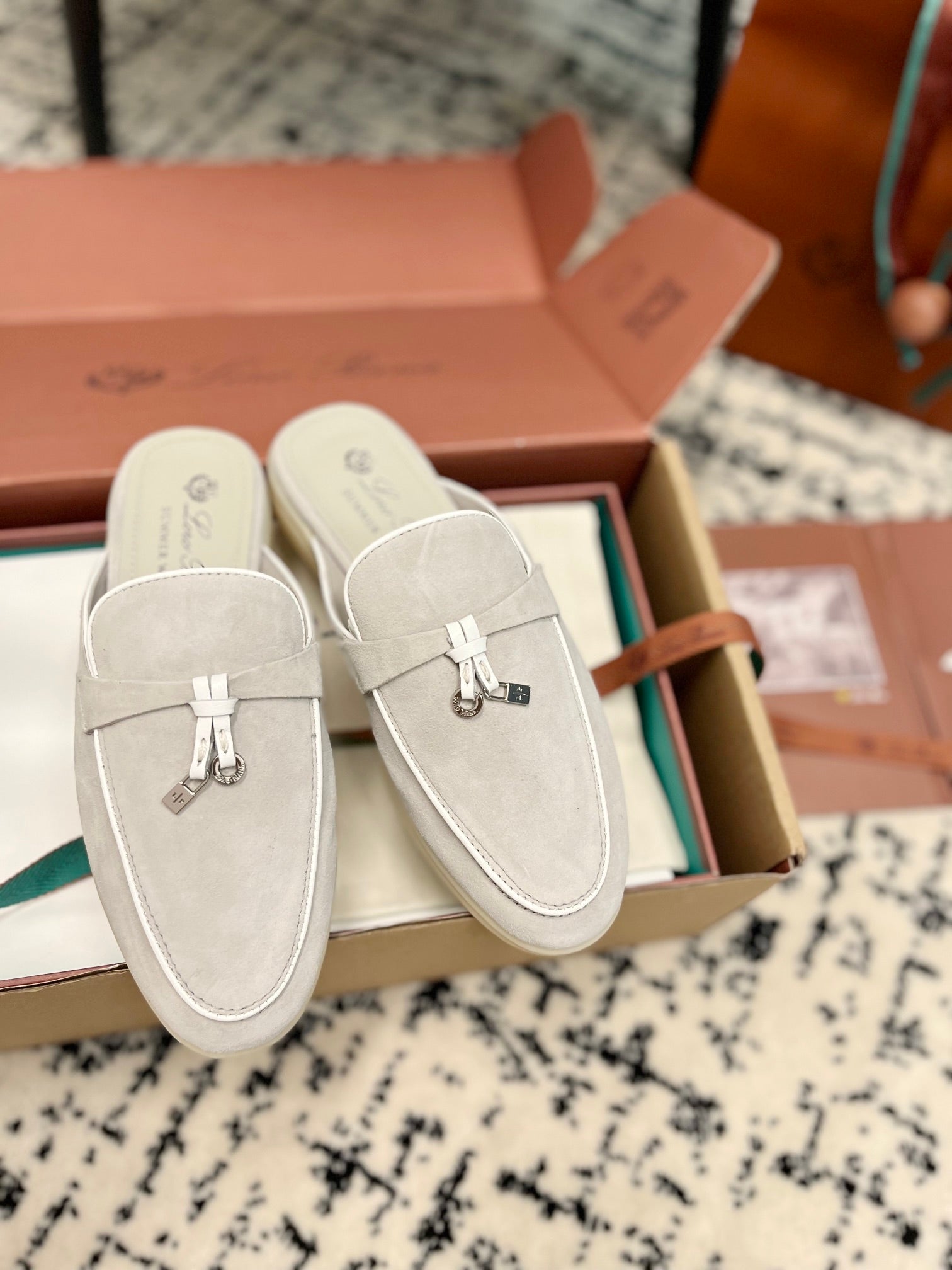 Loro Piana Grey White Suede Charms Walk Flat Mules
