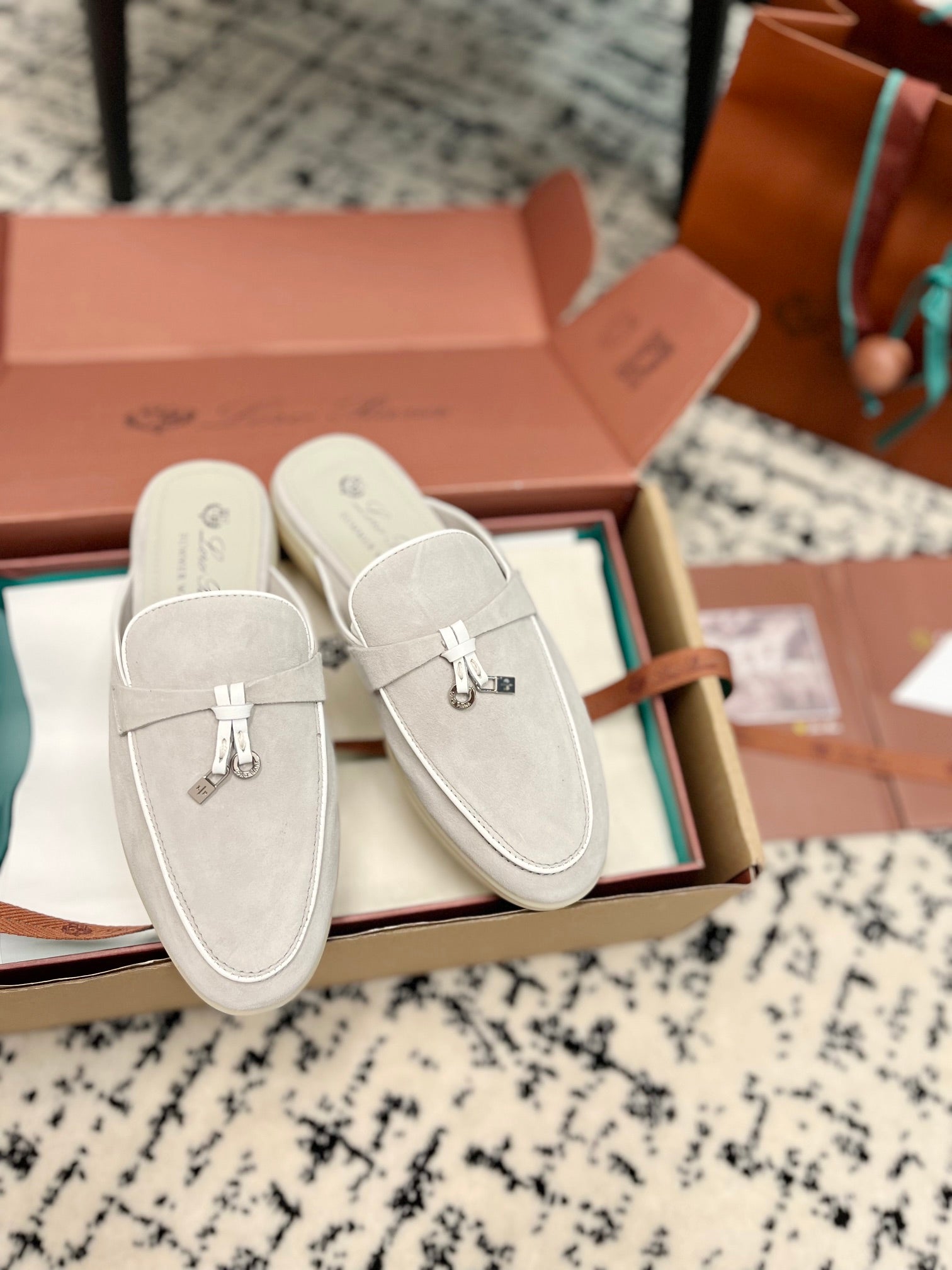 Loro Piana Grey White Suede Charms Walk Flat Mules