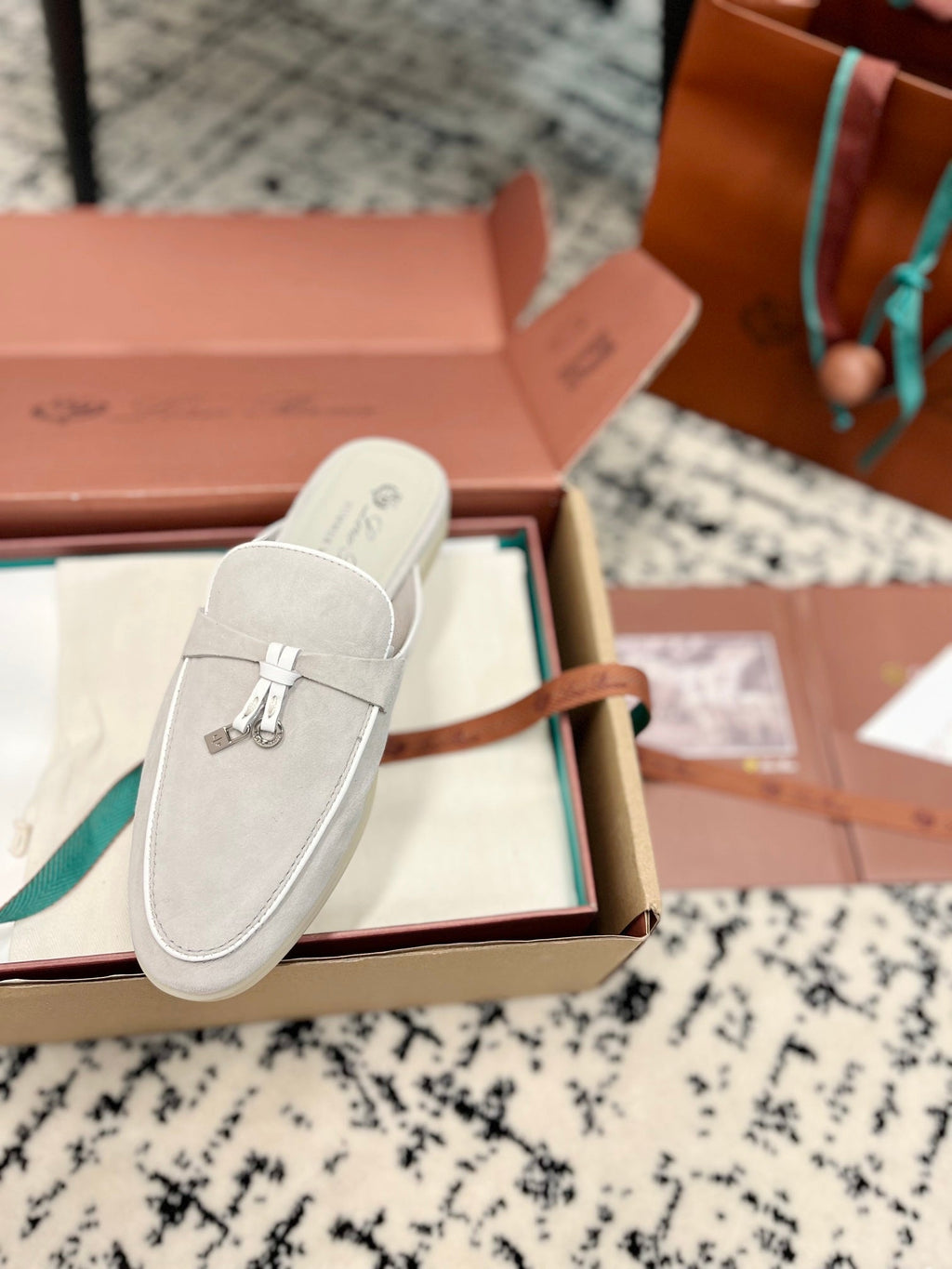 Loro Piana Grey White Suede Charms Walk Flat Mules