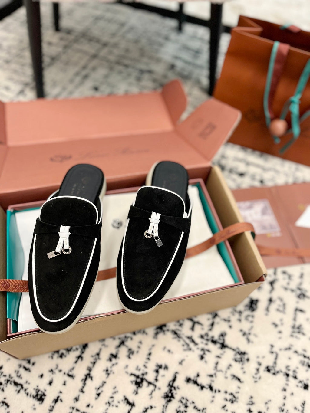 Loro Piana Black White Suede Charms Walk Flat Mules