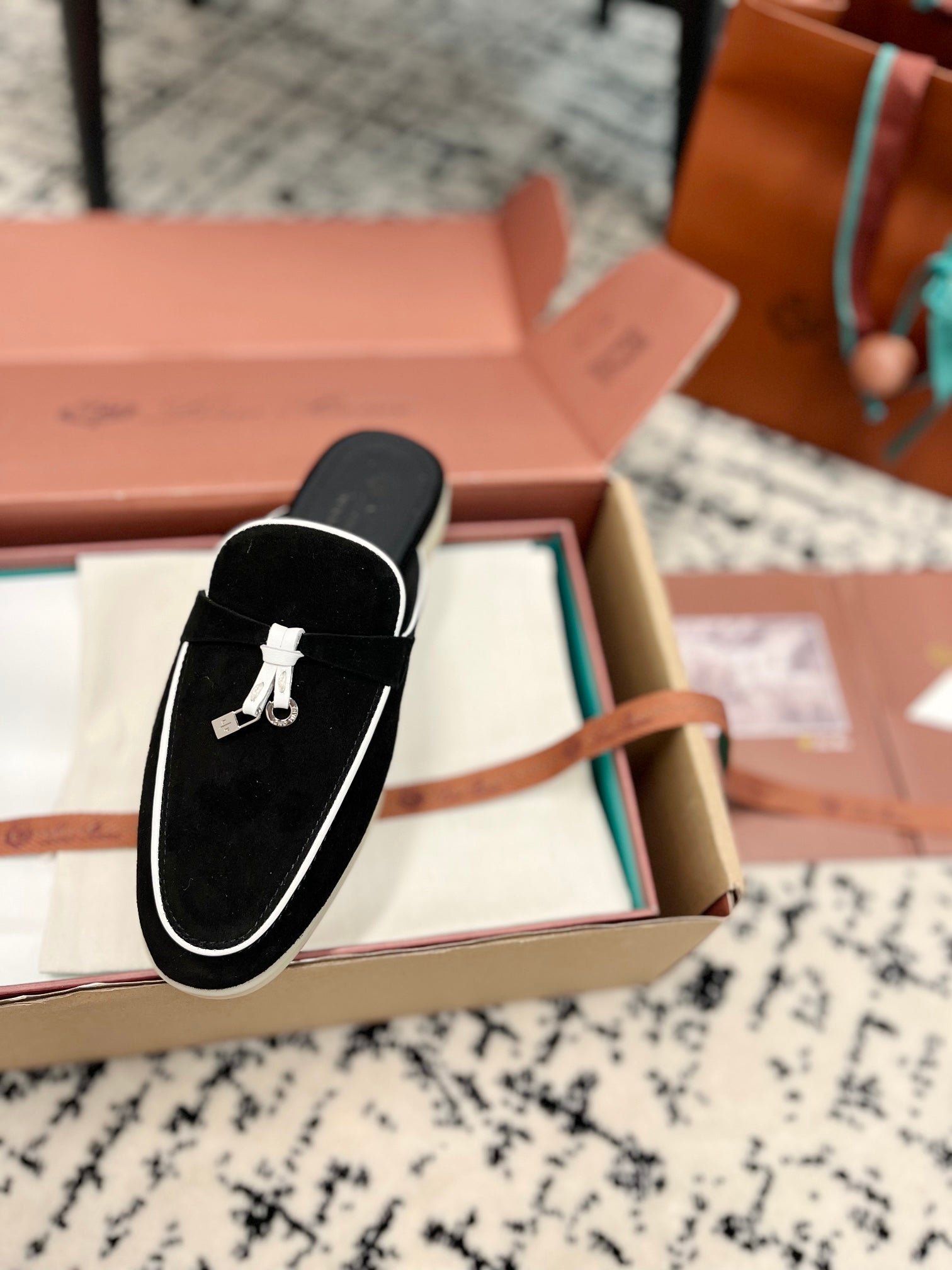Loro Piana Black White Suede Charms Walk Flat Mules