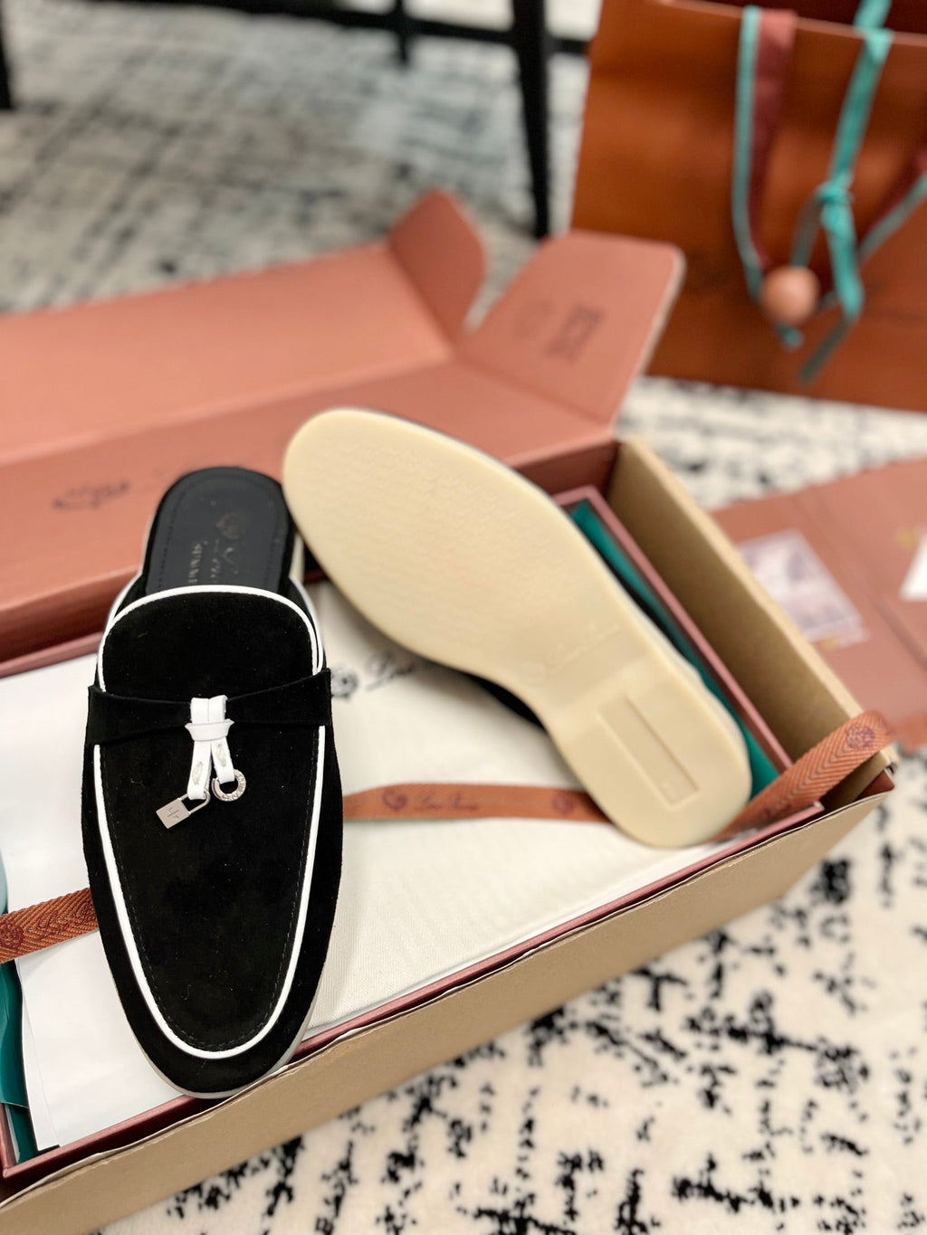 Loro Piana Black White Suede Charms Walk Flat Mules