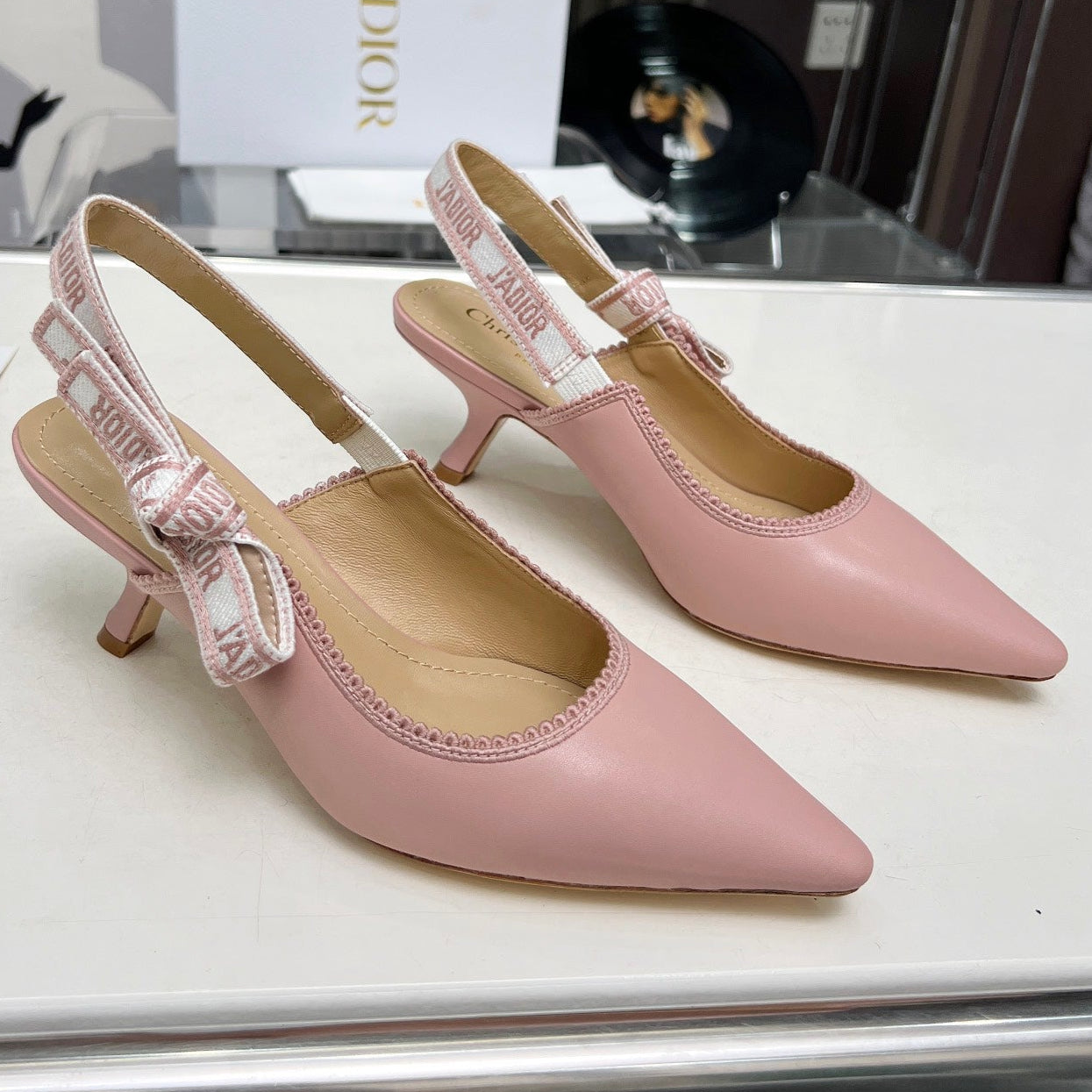 J'ADIOR SLINGBACK PUMP LIGHT PINK CALFSKIN AND EMBROIDERED FABRIC 65 MM