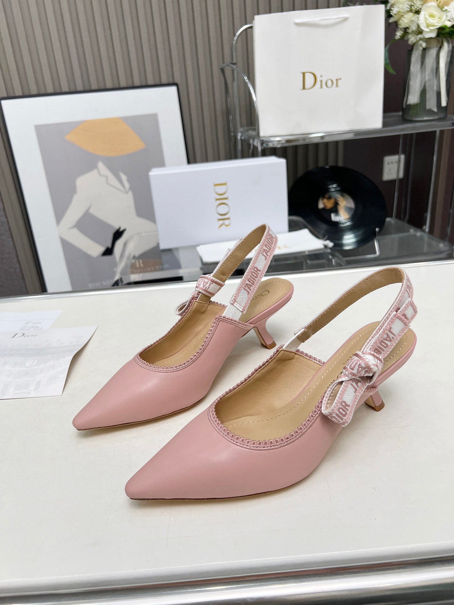 J'ADIOR SLINGBACK PUMP LIGHT PINK CALFSKIN AND EMBROIDERED FABRIC 65 MM