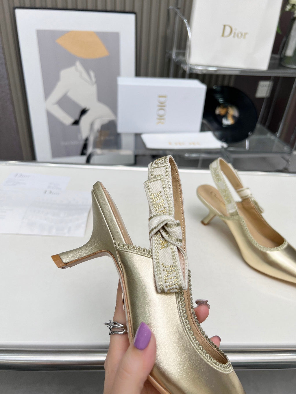 J'ADIOR SLINGBACK PUMP LIGHT GOLD CALFSKIN AND EMBROIDERED FABRIC 65 MM