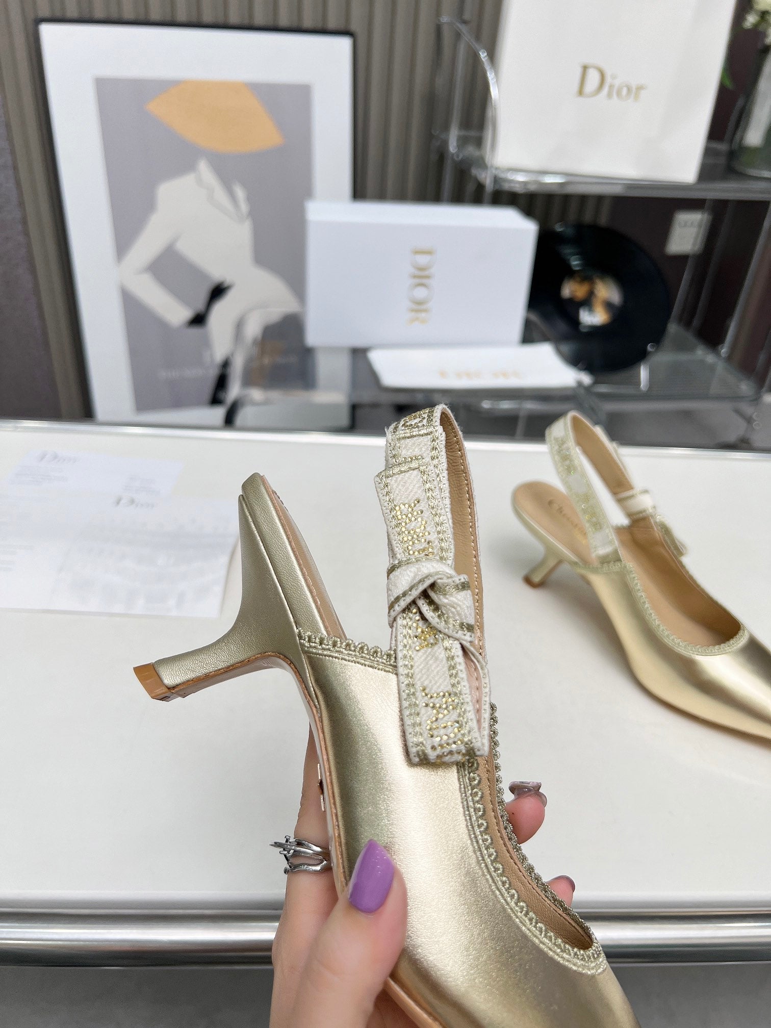 J'ADIOR SLINGBACK PUMP LIGHT GOLD CALFSKIN AND EMBROIDERED FABRIC 65 MM