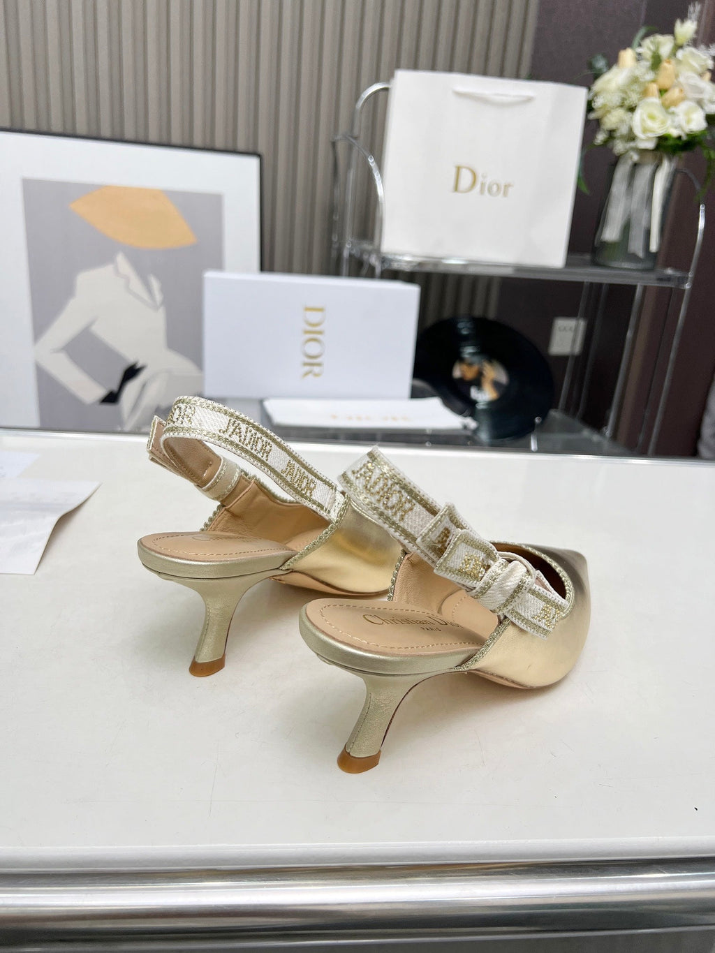 J'ADIOR SLINGBACK PUMP LIGHT GOLD CALFSKIN AND EMBROIDERED FABRIC 65 MM