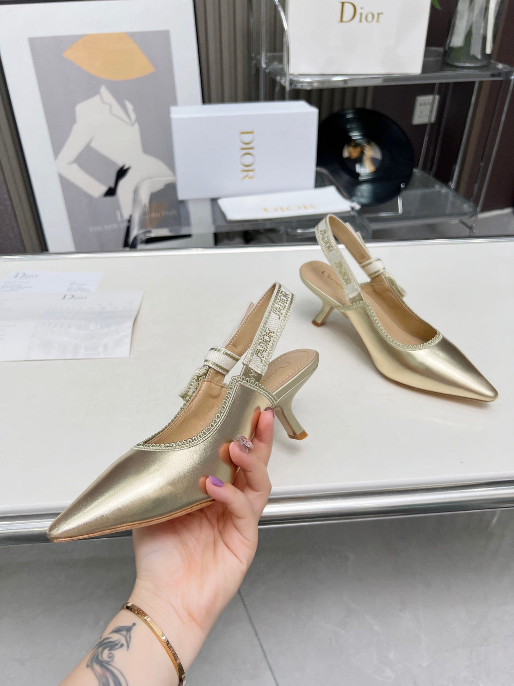 J'ADIOR SLINGBACK PUMP LIGHT GOLD CALFSKIN AND EMBROIDERED FABRIC 65 MM