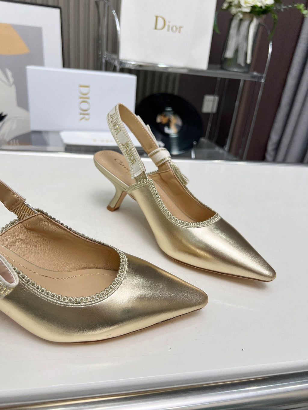 J'ADIOR SLINGBACK PUMP LIGHT GOLD CALFSKIN AND EMBROIDERED FABRIC 65 MM