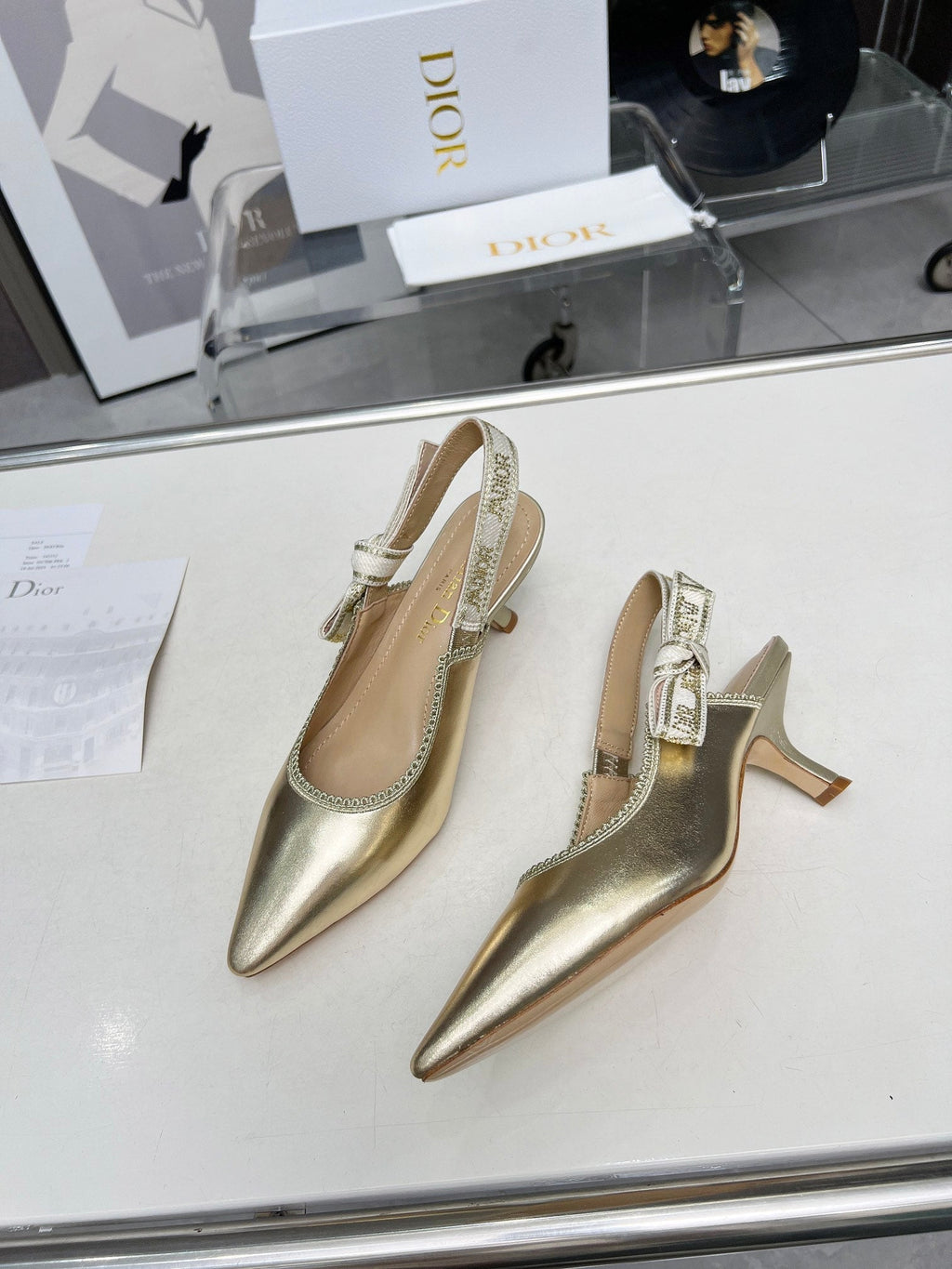 J'ADIOR SLINGBACK PUMP LIGHT GOLD CALFSKIN AND EMBROIDERED FABRIC 65 MM