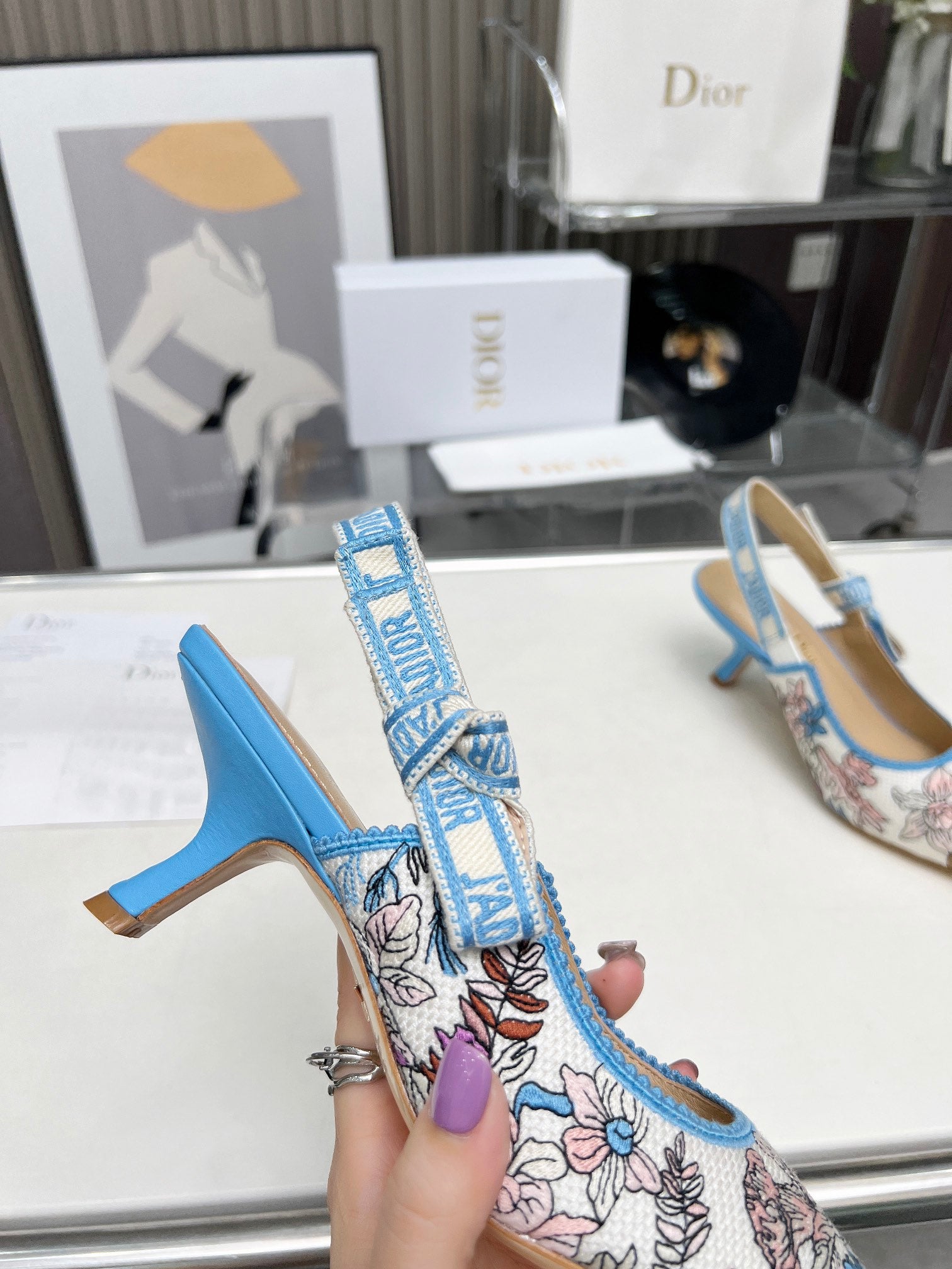 J'ADIOR SLINGBACK PUMP COLORFUL NATURAL RAFFIA AND EMBROIDERED COTTON 65 MM 130845