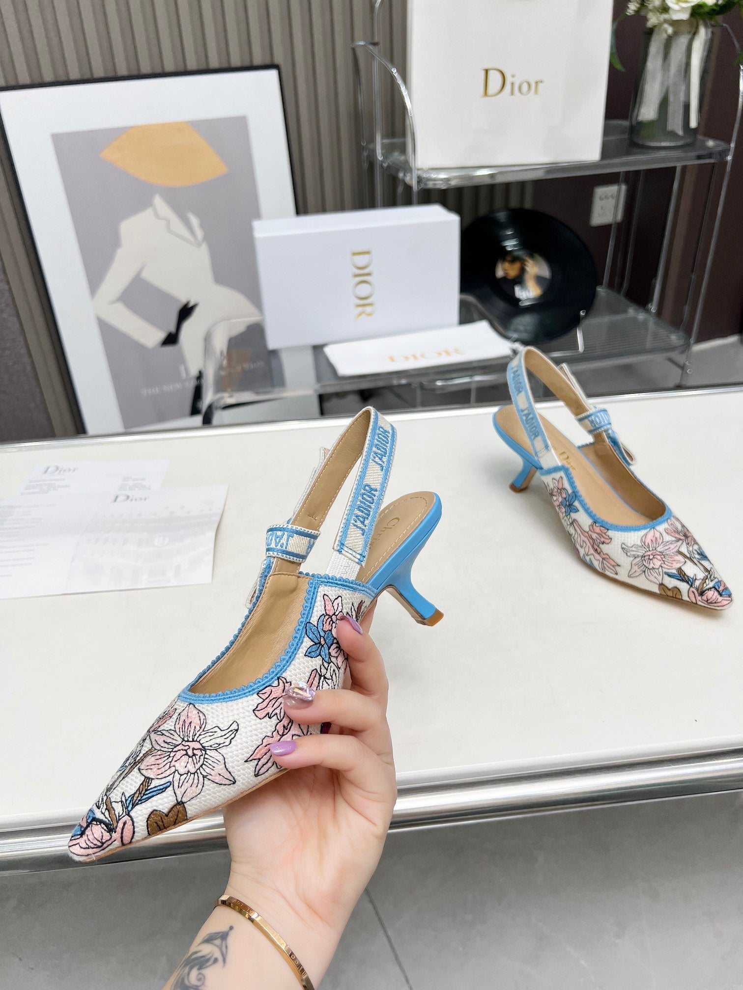 J'ADIOR SLINGBACK PUMP COLORFUL NATURAL RAFFIA AND EMBROIDERED COTTON 65 MM 130845