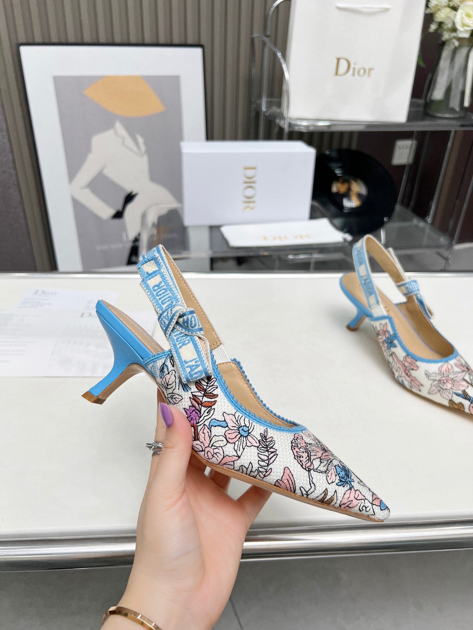 J'ADIOR SLINGBACK PUMP COLORFUL NATURAL RAFFIA AND EMBROIDERED COTTON 65 MM 130845