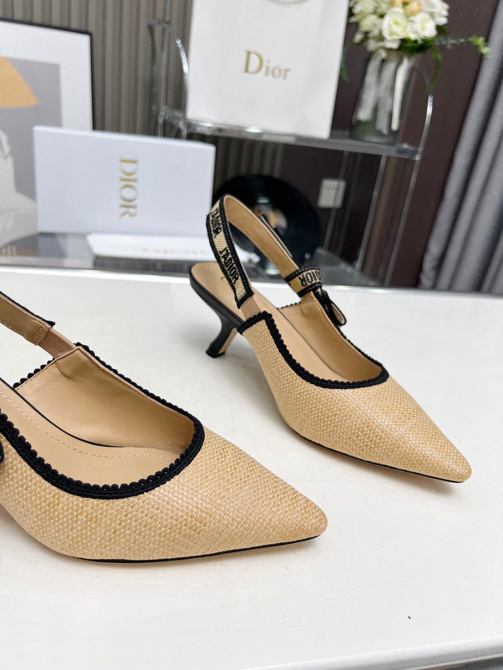 J'ADIOR SLINGBACK PUMP NATURAL RAFFIA AND BLACK EMBROIDERED COTTON 65 MM