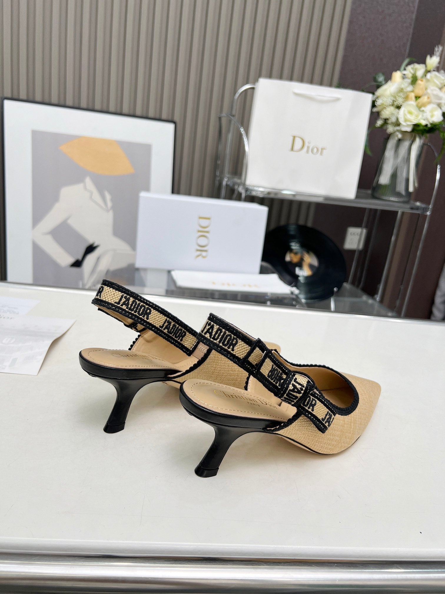 J'ADIOR SLINGBACK PUMP NATURAL RAFFIA AND BLACK EMBROIDERED COTTON 65 MM