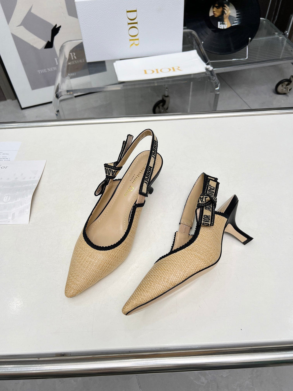 J'ADIOR SLINGBACK PUMP NATURAL RAFFIA AND BLACK EMBROIDERED COTTON 65 MM