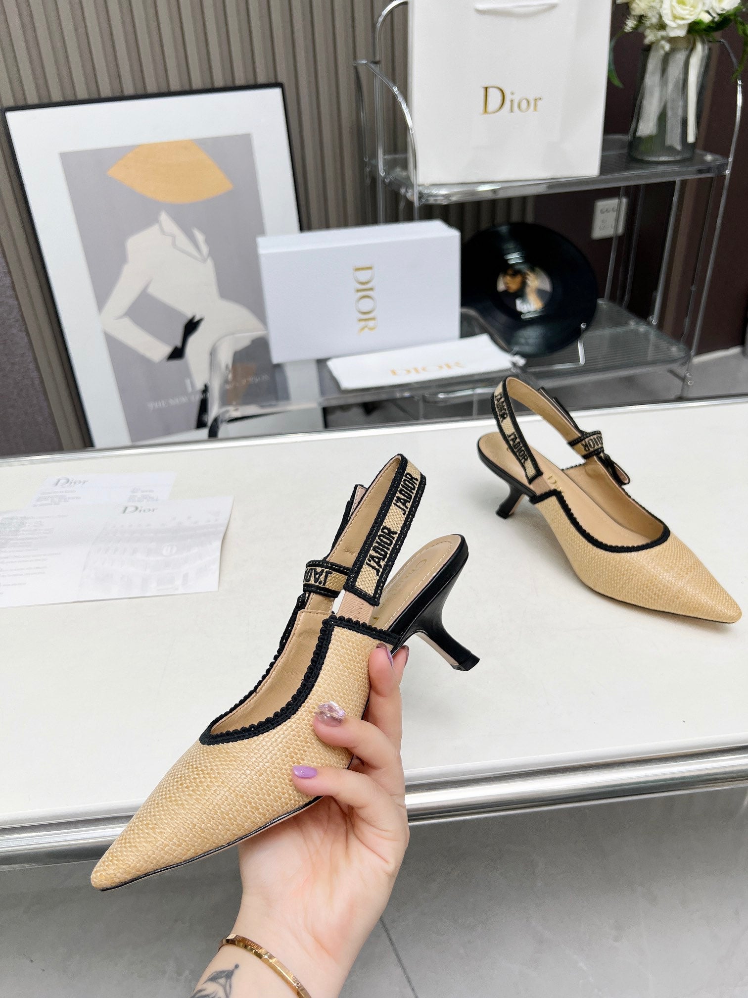 J'ADIOR SLINGBACK PUMP NATURAL RAFFIA AND BLACK EMBROIDERED COTTON 65 MM